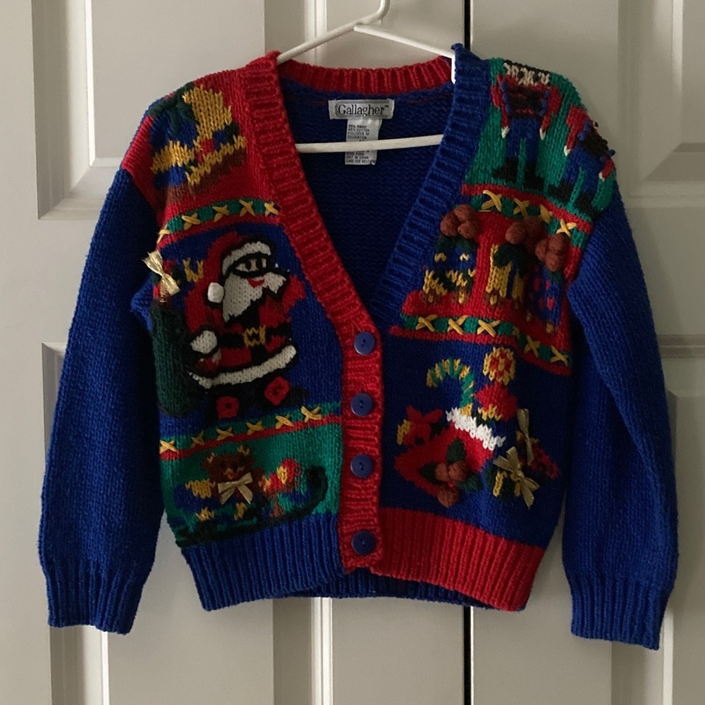 Gallagher child’s small knit cardigan Christmas sweater blue red decorative